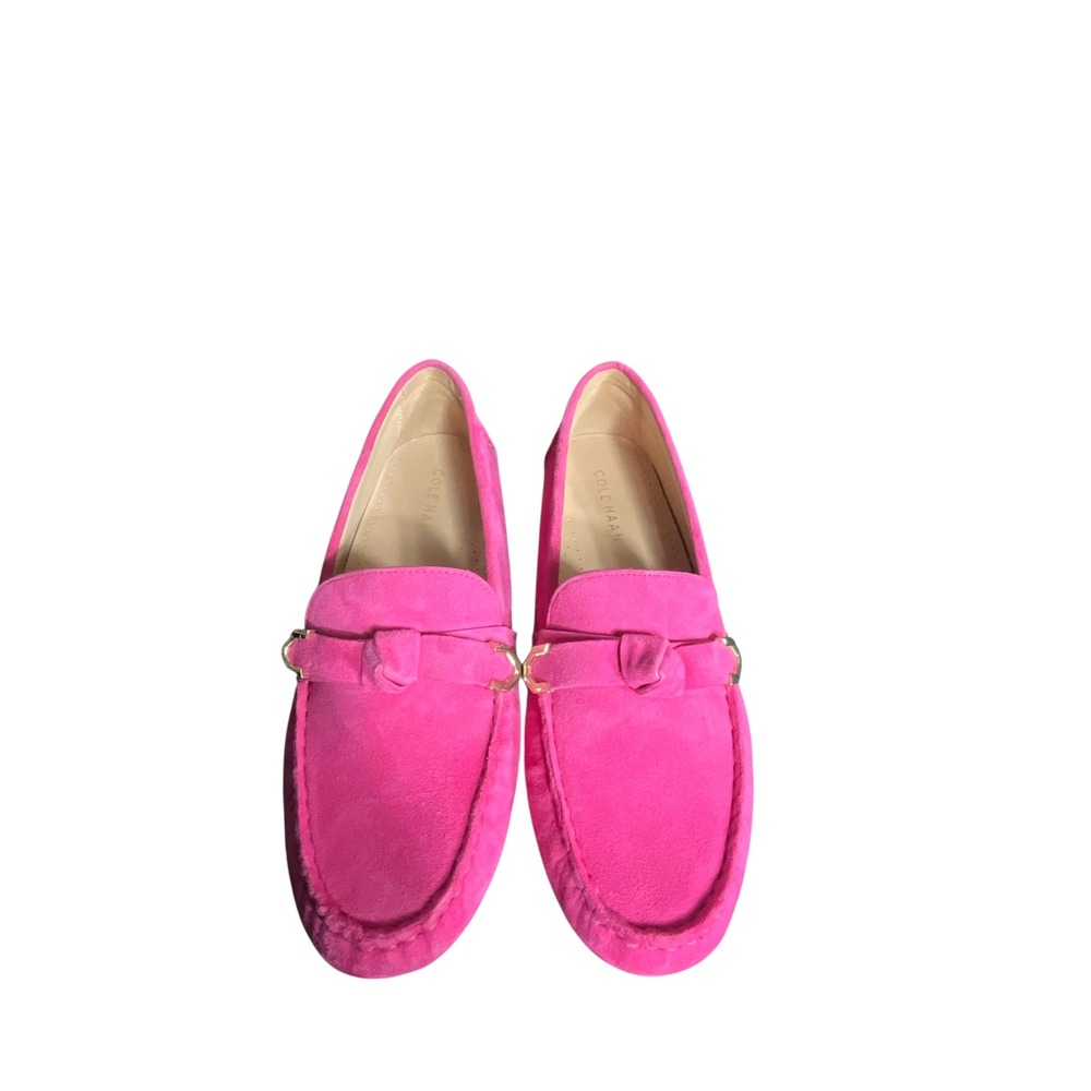 Cole Haan Evelyn Loafers Women 7.5 Pink Suede Driver Knotted Strap Gold Accent - Picture 1 of 11